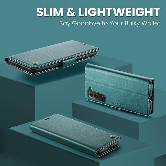 AUPAI for Samsung Galaxy S21 FE Wallet Case with Credit Card Holder, PU Leather RFID Blocking Folio Flip Kickstand Magnetic Clasp Protective Phone Cover for Women Men Cyan