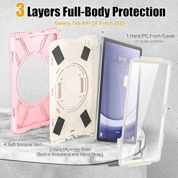 BRAECNstock Kids Case for Samsung Galaxy Tab A9+ Plus 11 inch (SM-X210/X216/X218) Shockproof Protective Tab A9+ 5G Case with Screen Protector Pen Holder [Rotating Hand Strap+Stand], Sakura Pink
