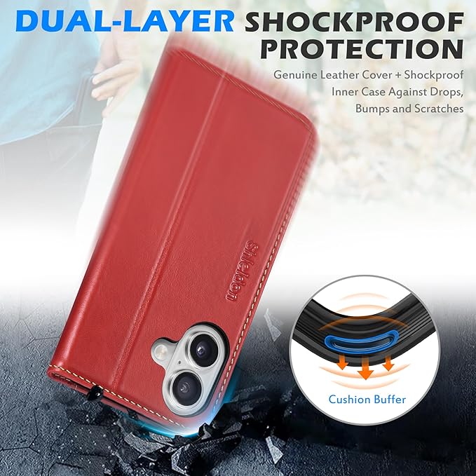SHIELDON Case Wallet for iPhone 17 5G 6.3" 2025 | Genuine Leather | RFID Blocking Card Holder | Folio Magnetic Closure | Kickstand | Shockproof | Full Protective Cover | Retro Red