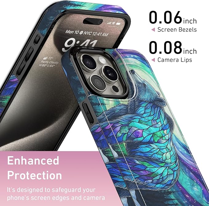 FUNMIKO for iPhone 13 Pro Max Wallet Case with Card Holder, RFID-Blocking, Military-Grade Protection & UV-Printed Artwork, Magnetic Closure with Leather Kickstand - Prismatic Aurora Bear
