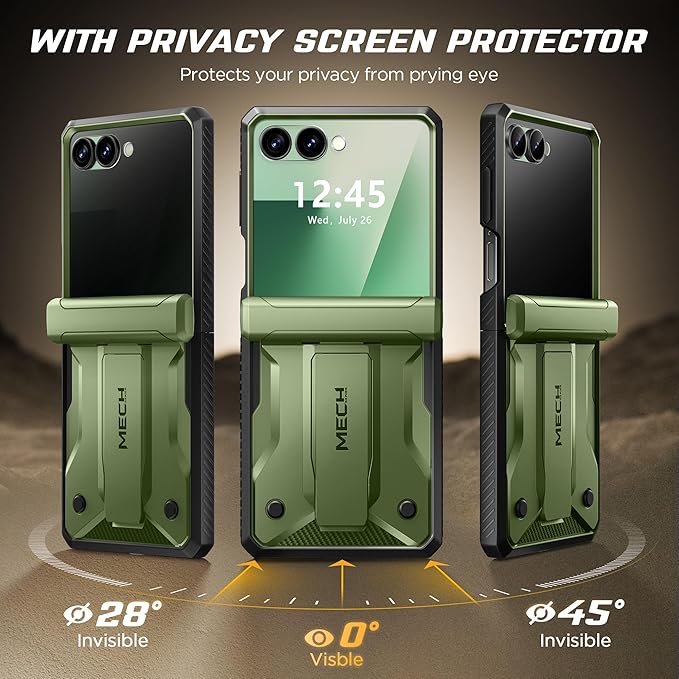 TONGATE for Z Flip 7 Case with Privacy Screen Protector, [Stand & Belt-Clip] [Hinge Protection] [Anti-Slip], Full-Body Military Grade Protective Phone Case for Samsung Galaxy Z Flip 7 5g 2025, Green