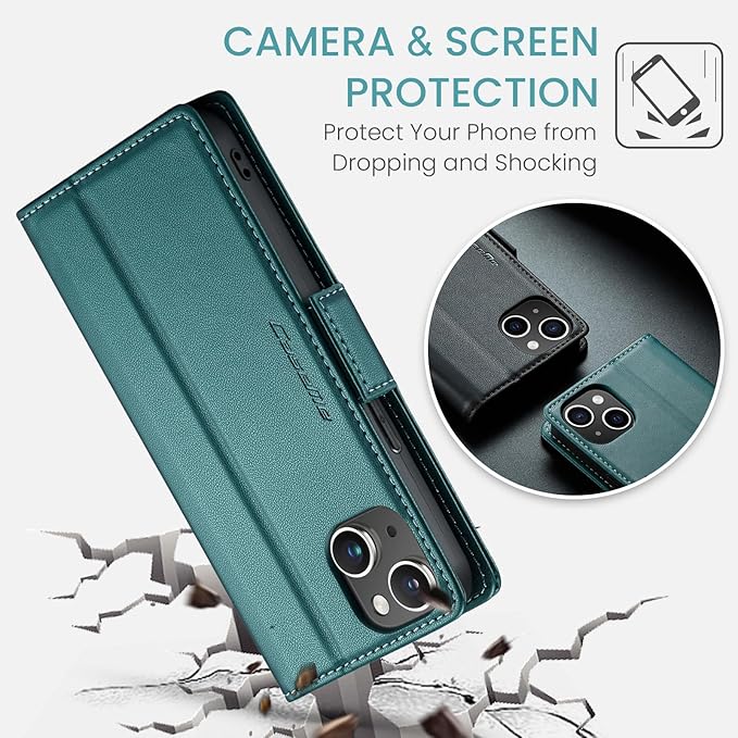 for iPhone 14 Plus Case, Premium PU Leather Wallet Case Flip Cover with [RFID Blocking][Card Holder][Stand Function] Shockproof Protective for iPhone 14 Plus 6.7", Blue-Green