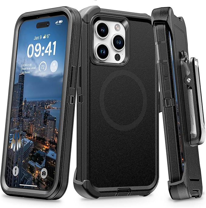 for iPhone 13 Pro & 14 Pro Case with Belt Clip Holster, Anti-Shock, Anti-Slip, Compatible with MagSafe, 3-Layer Drop Protection, Heavy Duty Magnetic Phone Case Cover 14 Pro, 6.1", Black