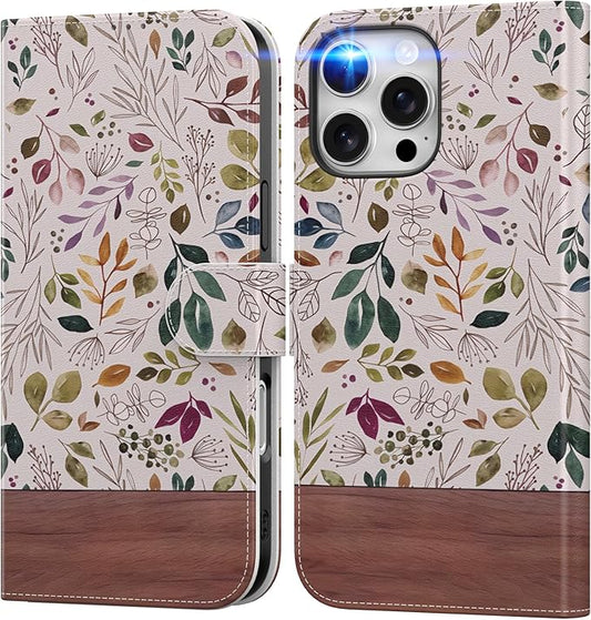 DEENAKIN for iPhone 16 Pro Wallet Case with Card Holder + Cash Clip, RFID-Blocking, Military-Grade Drop Protection, Magnetic Closure with Leather Kickstand - Vibrant Foliage