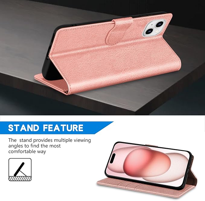 ZZXX for iPhone 15 Wallet Case with [RFID Blocking] Card Slot Kickstand Magnetic Closure Leather Flip Fold Protective Phone Case for iPhone 15 Case Wallet(Rose Gold-6.1 inch)