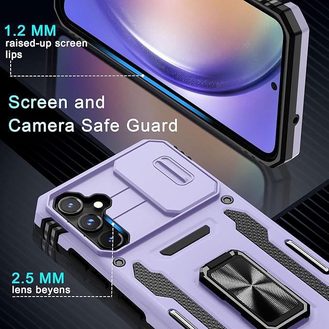 DEERLAMN Case for Samsung Galaxy S23 FE 6.4-Inch with Slide Camera Cover+Screen Protector(1 Pack),Rotated Ring Kickstand Military Grade Shockproof Protective Cover-Light Purple