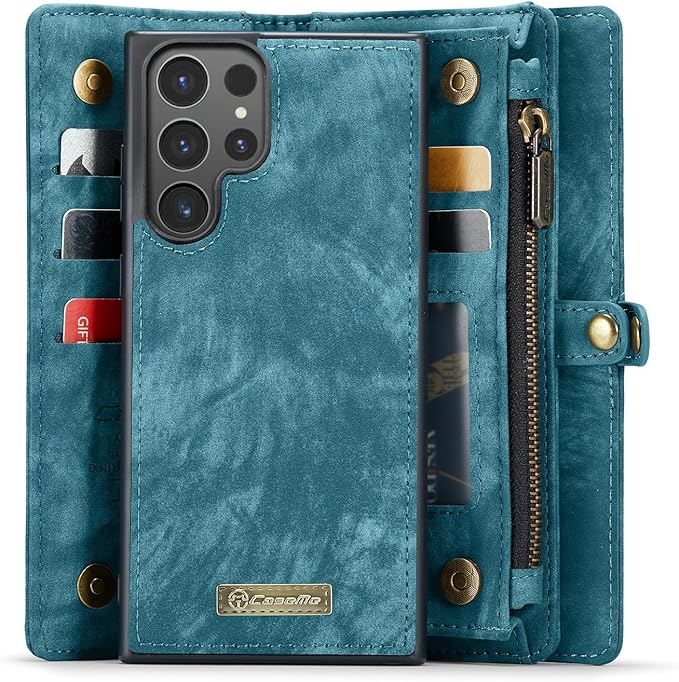 SZHAIYU 2 in 1 Detachable for Samsung Galaxy S24 Ultra Wallet Case with Card Holder, Retro Premium Flip Leather Cover Magnetic Zipper Pocket Phone Cases 6.8'' (Blue, S24 Ultra)