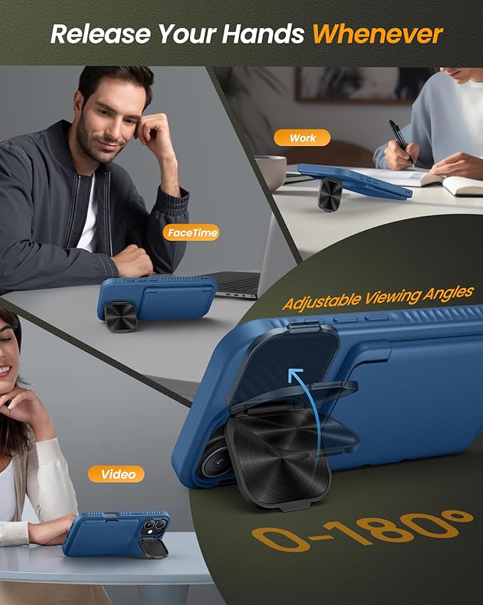 for iPhone 17 Case with Card Holder, Built-in Stand & Camera Lens Cover, Shockproof Rugged Silicone Bumper Raised Edge Protective Wallet Phone Case for iPhone 17 6.3" 2025, Blue