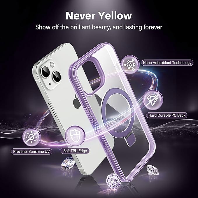 Magnetic Case for iPhone 15 - [Built-in Invisible Stand] [Compatible with MagSafe] [Military Grade Drop Protection] Anti-Yellowing Hard Back Silicone Edge Cover, 6.1", Clear Purple