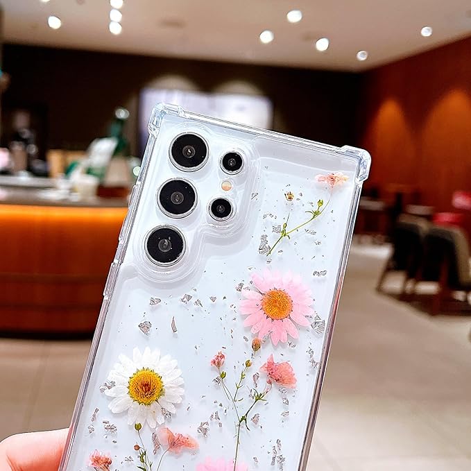 Compatible with Samsung Galaxy S24 Ultra Case Cute Pressed Dried Real Flowers Design Women Girly Shockproof Glitter Floral Clear Phone Cover for Galaxy S24 Ultra (Pink Flower)