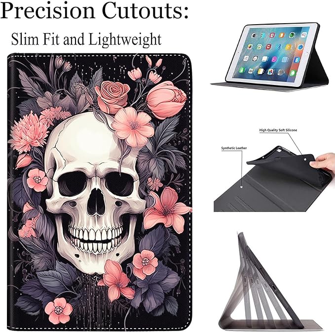Case for Galaxy Tab A9 Plus ， Auto Sleep/Wake Multi-Angle Viewing Slim Folio Stand Cover for Samsung Galaxy Tab A9+/A9 Plus 11 Inch 2023 (SM-X210/X216/X218), Skull Flower