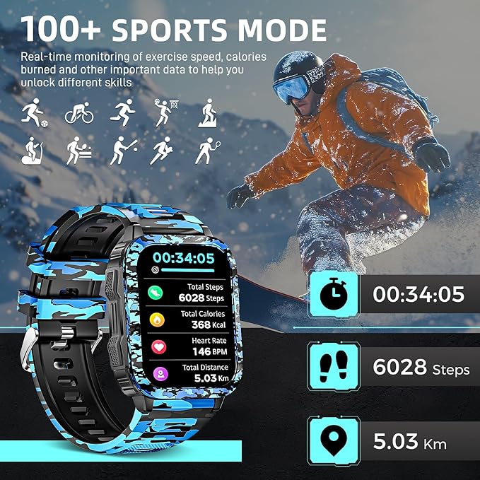 Military Smart Watches for Men (Make/Answer Call) with LED Flashlight 1.96" Screen 430mAh Fitness Tracker with Sport Modes Heart Rate Sleep Monitor Rugged Smartwatch for iPhone Android