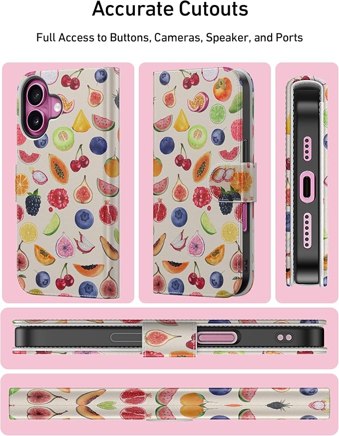 DEENAKIN for iPhone 16 Plus Wallet Case with Card Holder + Cash Clip, RFID-Blocking, Military-Grade Drop Protection, Magnetic Closure with Leather Kickstand - Fruit Illustration