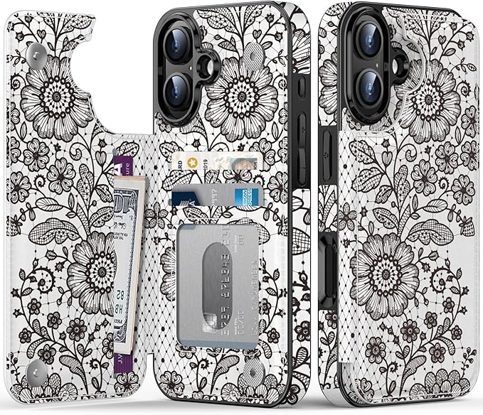 FUNMIKO for iPhone 16 Wallet Case with Card Holder, RFID-Blocking, Military-Grade Protection & UV-Printed Artwork, Magnetic Closure with Leather Kickstand - Graceful Lace Floral