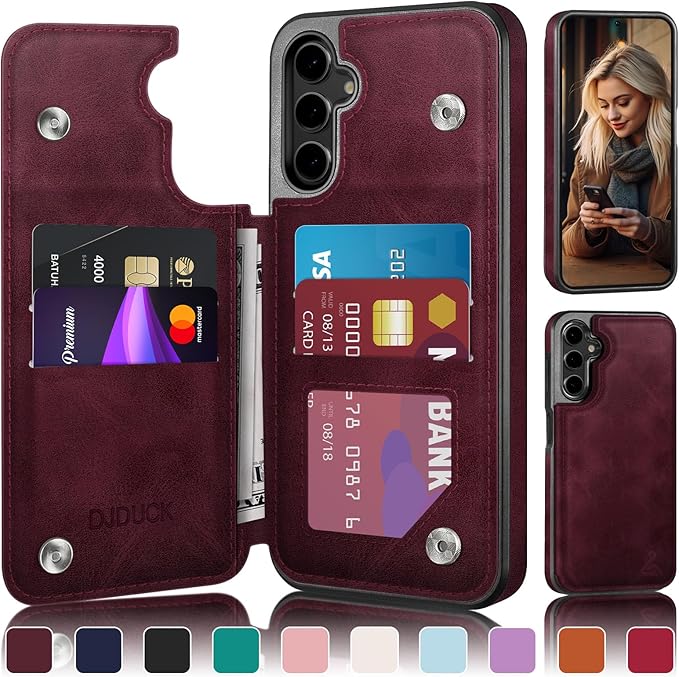 DJDUCK Designed for Samsung Galaxy S25 Case Wallet with Card Holder, [Magnetic Clasp Cover] [RFID Blocking Leather Protection] Shockproof Women Men Cases for Samsung S25 Wine Red