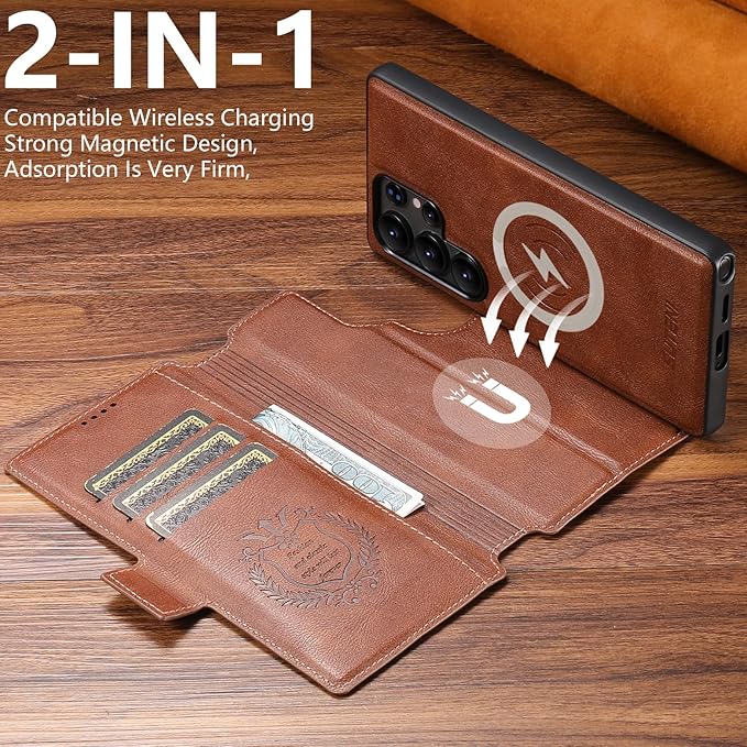 SINIANL for Samsung Galaxy S22 Ultra Leather Wallet Case Compatible with MagSafe Wireless Charging, Detachable Leather Cover with Card Slots Holder, Kickstand, Magnetic for Galaxy S22 Ultra Brown
