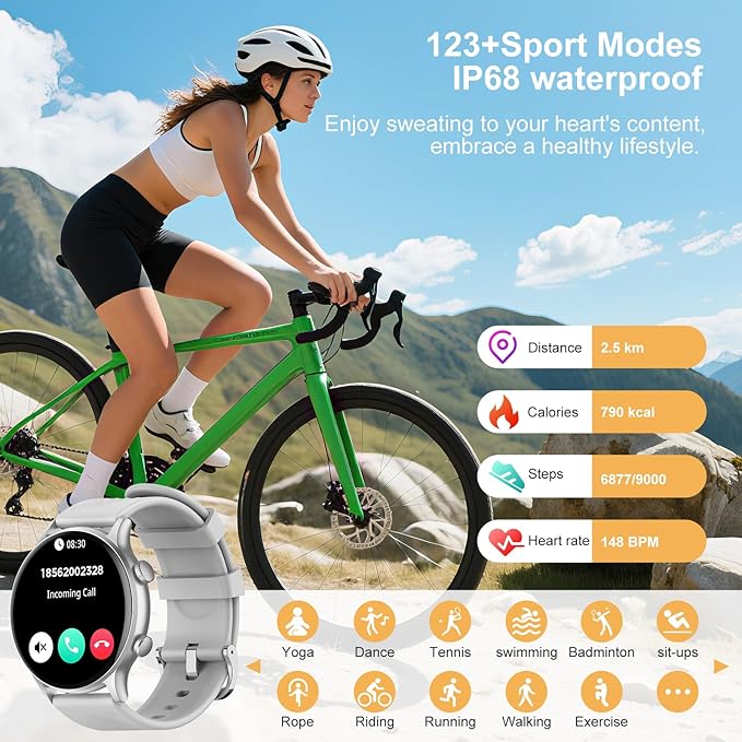 Smart Watch for Women, 1.77" Fitness Tracker with Heart Rate/Sleep/SpO2/Stress Monitor, Fitness Watch for Answer Calls, IP68 Smartwatch for iOS Android, Step Counter Watch, 123+ Sport Modes,2 Bands