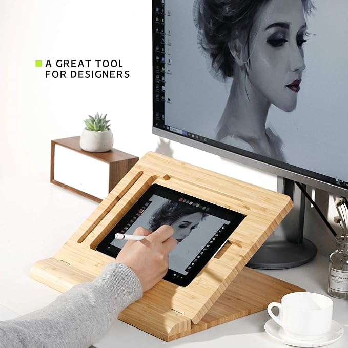 ELETIUO Tablet Desktop Stand Height Adjustable,Foldable Bamboo Drawing Ipad Holder,Multi-Angle Portable Stand Organizer,Compatible with 12.9 inch ipad pro 3rd/4th Gen