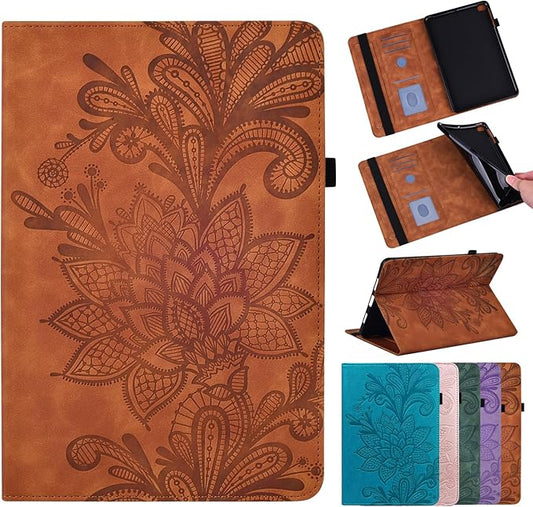 Case for Lenovo Tab M11 (TB-330FU/330XU) 11" 2024, Embossed Lace PU Leather Flip Folio Stand Cover Case with Elastic Band Card Slots Pen Holder & Multiple Viewing Angles- Brown