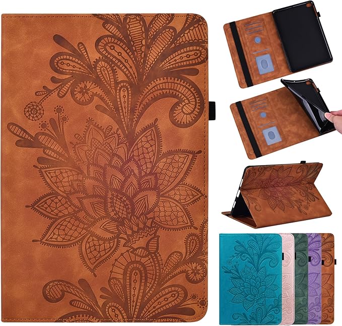 Case for Lenovo Tab M9 9 inch (TB-310FU), Embossed Lace PU Leather Flip Folio Protective Tablet Case with Elastic Band Card Slots Pen Holder, Multi-Angle Viewing Stand Cover - Brown