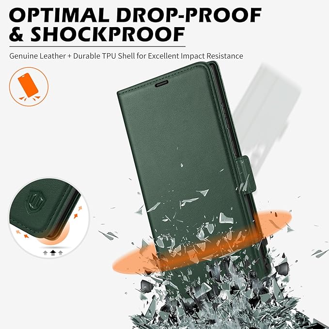 SHIELDON Case for Galaxy S25 Ultra 6.9", Genuine Leather Wallet Case with RFID Blocking Card Holder Kickstand Shock Absorbing Protective Cover Compatible with Galaxy S25 Ultra 2025 - Nappa Evergreen