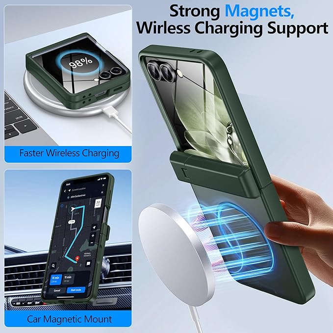 for Samsung Galaxy Z Flip 7 Case Compatible with Magsafe [Hinge Protection＆ Kickstand][Built-in Front Screen Protector] 15FT Military Shockproof Full Body Phone Case for Galaxy Z Flip 7, Green