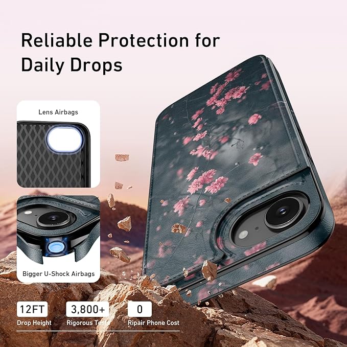 FUNMIKO for iPhone 16e Wallet Case with Card Holder, RFID-Blocking, Military-Grade Protection & UV-Printed Artwork, Magnetic Closure with Leather Kickstand - Mystic Blooming Plum