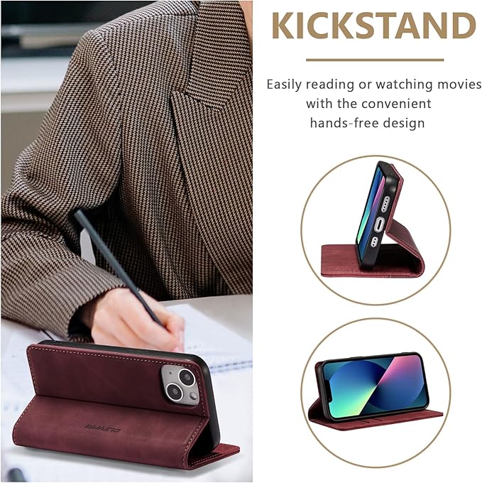 QLTYPRI Case for iPhone 14, Vintage PU Leather Wallet Case Card Slot Kickstand Magnetic Closure Shockproof Flip Folio Book Case Cover for iPhone 14(6.1 inch) - Retro Wine Red