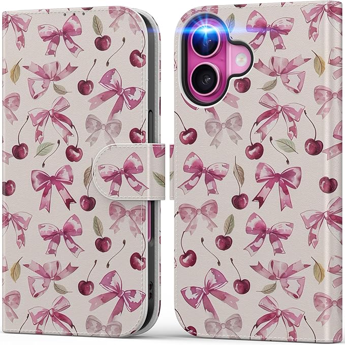 DEENAKIN for iPhone 16 Plus Wallet Case with Card Holder + Cash Clip, RFID-Blocking, Military-Grade Drop Protection, Magnetic Closure with Leather Kickstand - Cherry & Bowknot