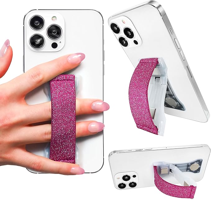 LOVEHANDLE PRO Premium Phone Grip - Elastic Phone Strap - Magnetic Phone Mount and Kickstand for Smartphone and Tablet - Cranberry Glitter