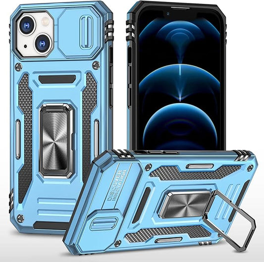 Phone Case for iPhone 14 Plus Case with Camera Lens Cover, with Ring Holder Kickstand, fit Magnetic Car Mount, for iPhone 14 Plus (Light Blue)