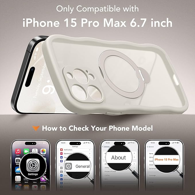 GolbinBox for iPhone 15 Pro Max Case,[Compatible with Magsafe][360°Magnetic Stand][Cute Wave Edge][18ft Military-Grade Protection] Translucent Matte Women Phone Cover for iPhone 15 Promax, Stone