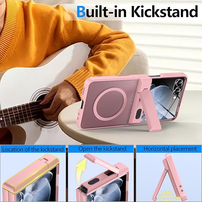 for Samsung Galaxy Z Flip 7 Case Fit for Magsafe [Hinge Protection＆ Kickstand][Built-in Screen Protector][Translucent Matte] 15FT Military Shockproof Full Body Phone Case for Z Flip 7,Pink
