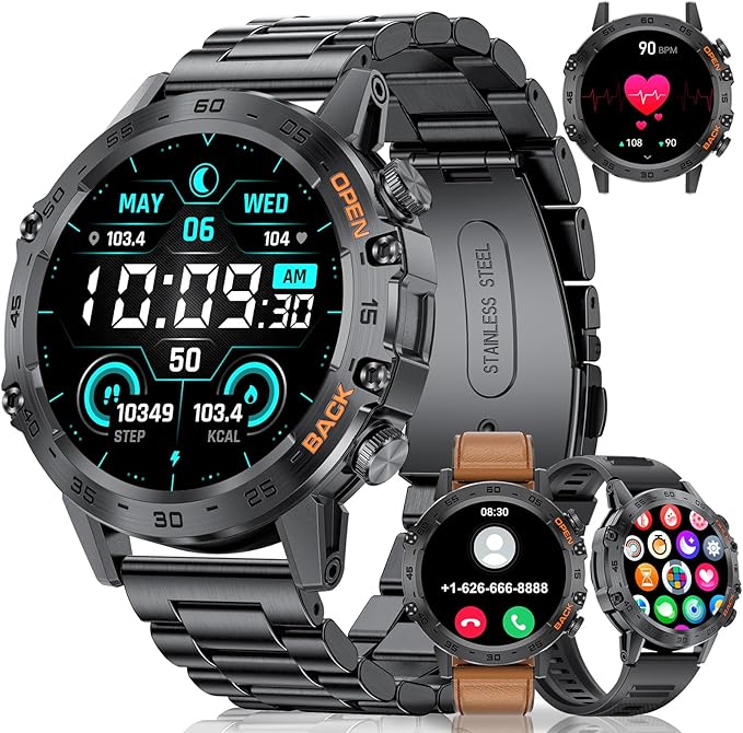 Smart Watch for Men(Answer/Dial Calls),100 Sports Modes, 5ATM Waterproof Fitness Watch with Blood Pressure/Heart Rate/SpO2,1.39''HD Touchscreen for Android/iOS Military Smart Watch Black
