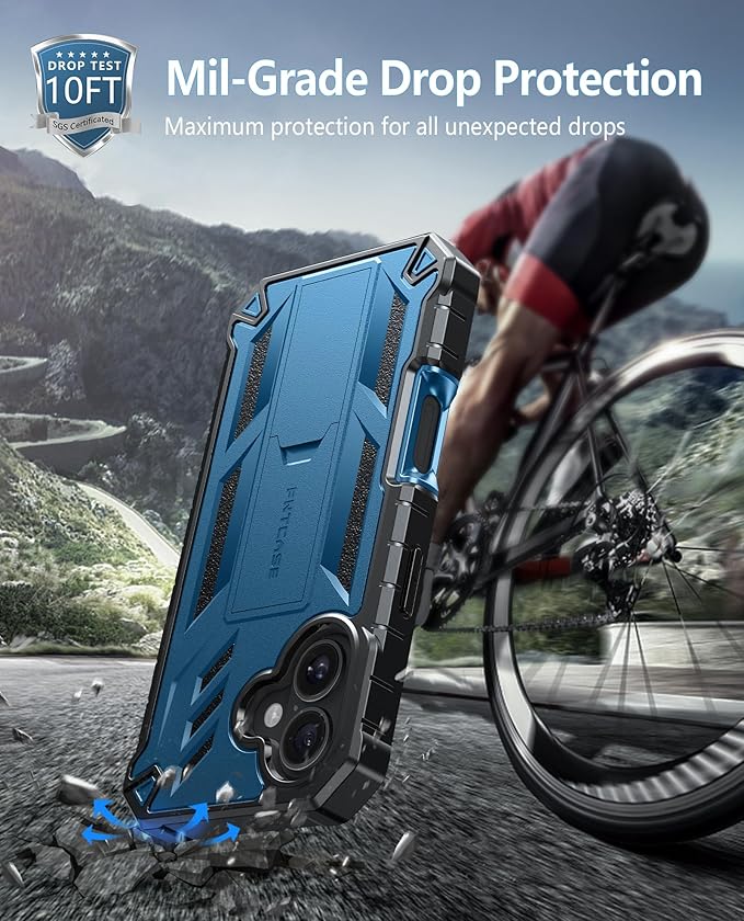 FNTCASE for iPhone 16 Phone Case: for iPhone 16 case with Kickstand Shockproof Military Grade Protective Cover - Dual Layer Full Protection Sturdy Matte Textured Drop Proof - 6.1 Inch Blue