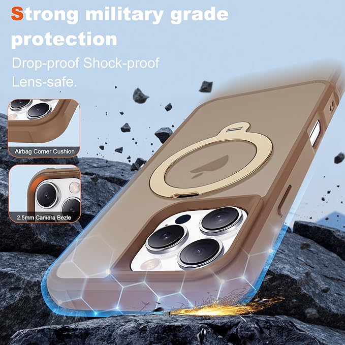 Compatible with iPhone 16 Pro Max Case with Invisible Magnetic 360°Spin Stand,Military-Grade Shockproof Protection [Compatible with Mag-safe] Non-slip Edge Translucent Case (6.9",Desert Brown)