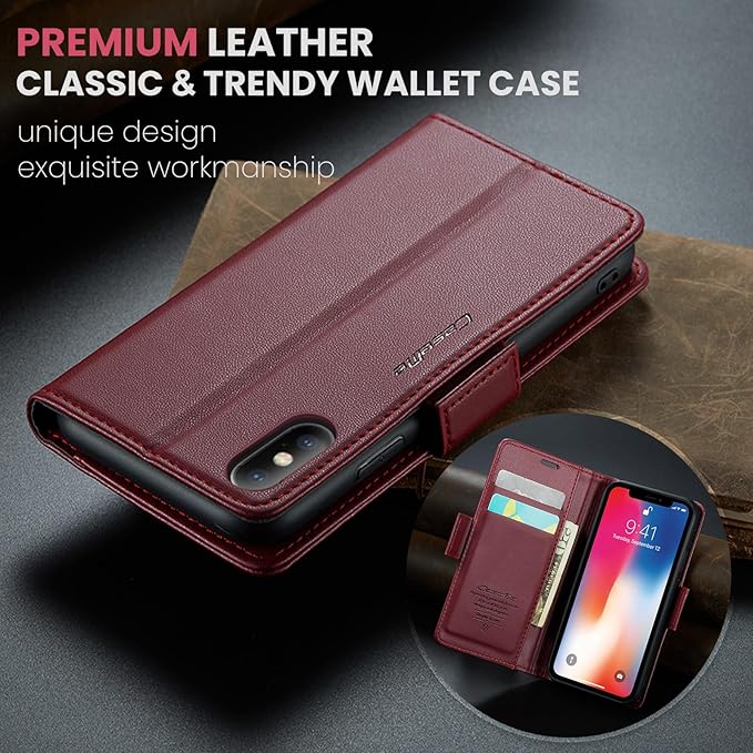 for iPhone X Case/iPhone Xs Case, Premium PU Leather Wallet Case Flip Cover with [RFID Blocking][Card Holder][Stand Function] Shockproof Protective for iPhone X/XS, Red