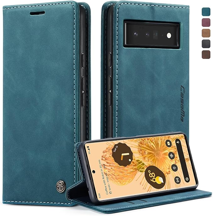 for Google Pixel 6 Pro Case, Flip Wallet Leather Case with Card Holder Magnetic Closure Shockproof Kickstand Protective Phone Cases Cover for Google Pixel 6 Pro,Blue-Green