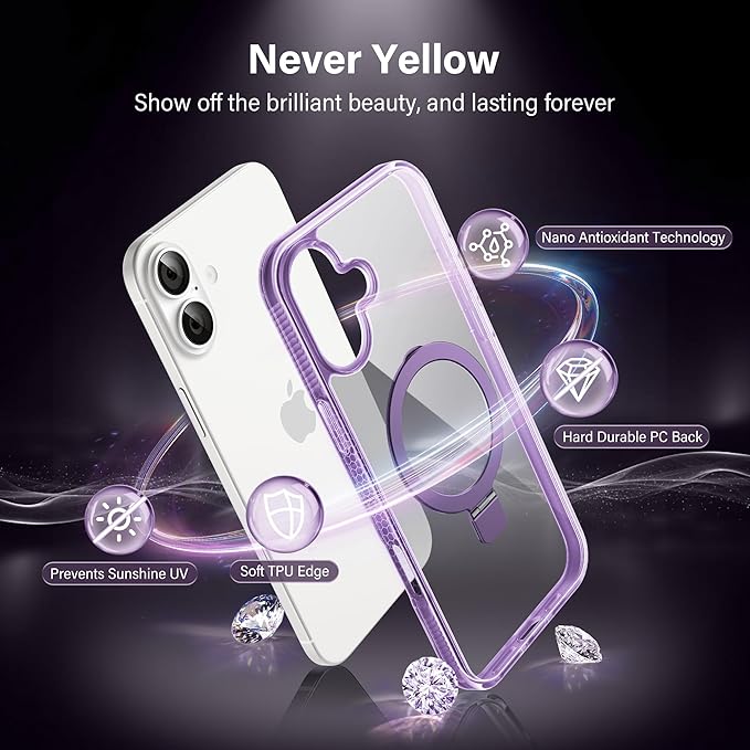 Magnetic Case for iPhone 16 - [Built-in Invisible Stand] [Compatible with MagSafe] [Military Grade Drop Protection] Anti-Yellowing Hard Back Silicone Edge Cover, 6.1", Clear Purple
