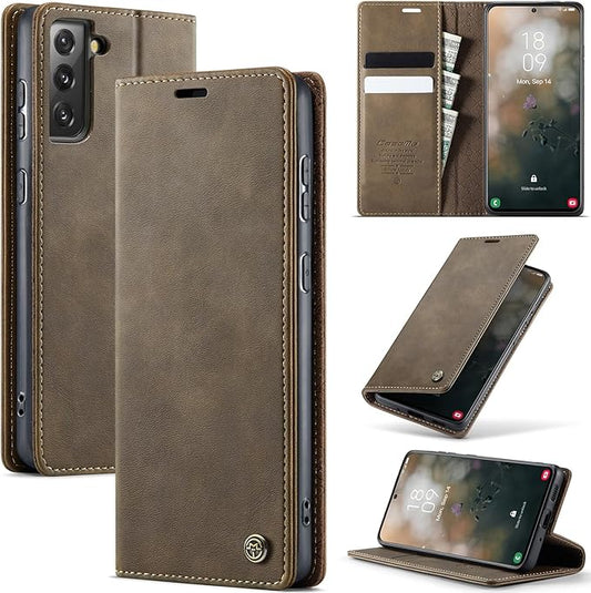 Wallet Case for Samsung Galaxy S21 Leather Wallet Flip Cover with Card Holder, Kickstand, Magnetic Closure, RFID Blocking TPU Shockproof Phone Case Compatible with S21, Coffee