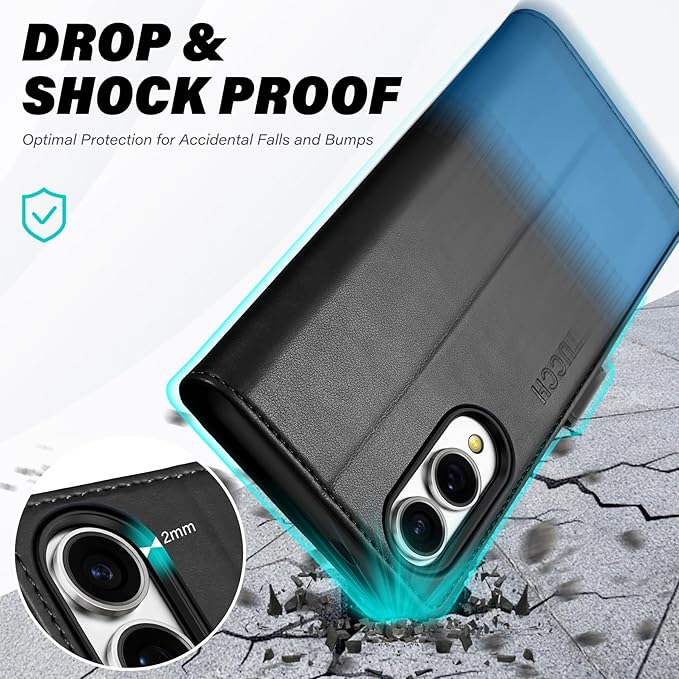 TUCCH Wallet Case for Galaxy S25 Edge, PU Leather Stand [RFID Blocking] [4 Credit Card Holders] Flip Cover with [TPU Shockproof Interior Case] Compatible with Galaxy S25 Edge 6.7", Black & Light Blue