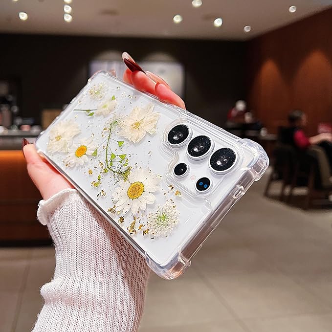 Compatible with Samsung Galaxy S25 Ultra Case Cute Pressed Dried Real Flowers Design Women Girly Shockproof Glitter Floral Clear Phone Cover for Galaxy S25 Ultra (White Flower)