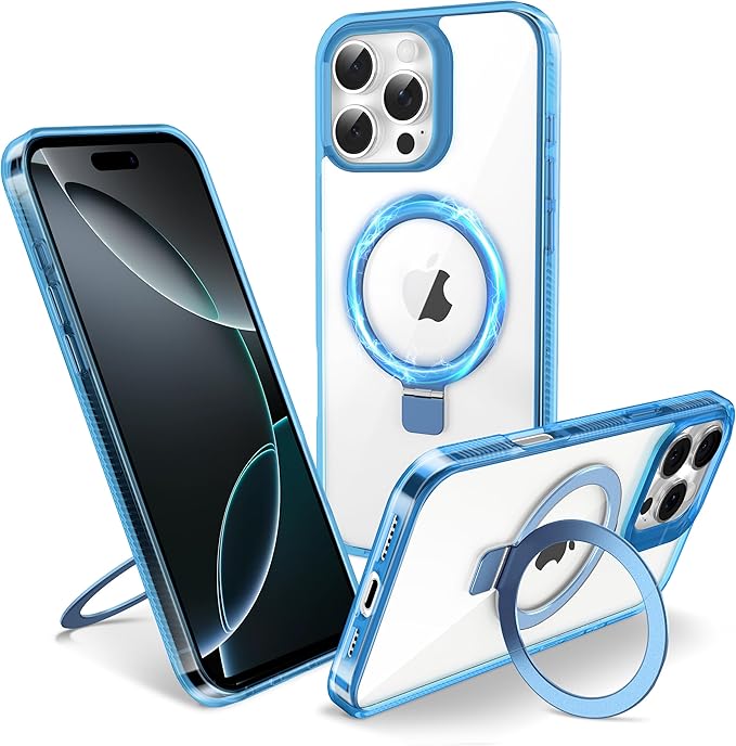 Magnetic Case for iPhone 16 Pro - [Built-in Invisible Stand] [Compatible with MagSafe] [Military Grade Drop Protection] Anti-Yellowing Hard Back Silicone Edge Cover, 6.3", Clear Blue