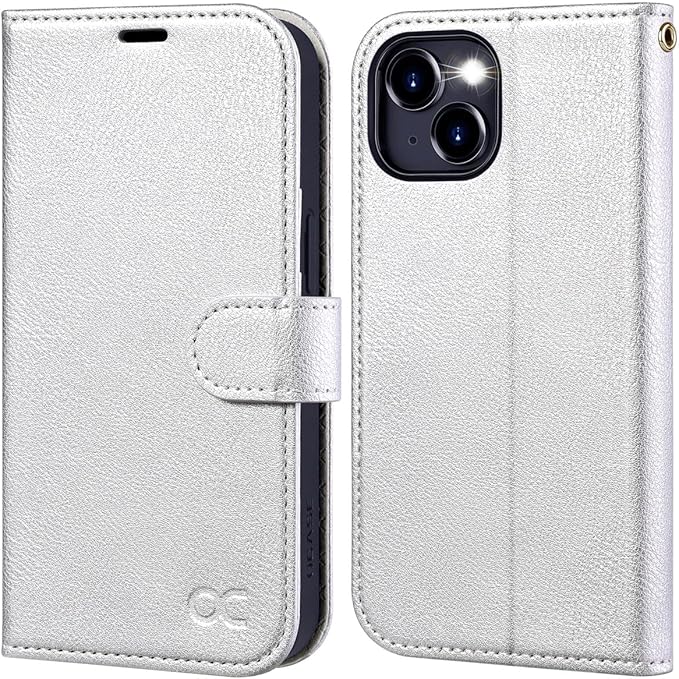 OCASE Compatible with iPhone 15 Wallet Case, PU Leather Flip Folio Case with Card Holders RFID Blocking Kickstand [Shockproof TPU Inner Shell] Phone Cover 6.1 Inch 2023,Silvery