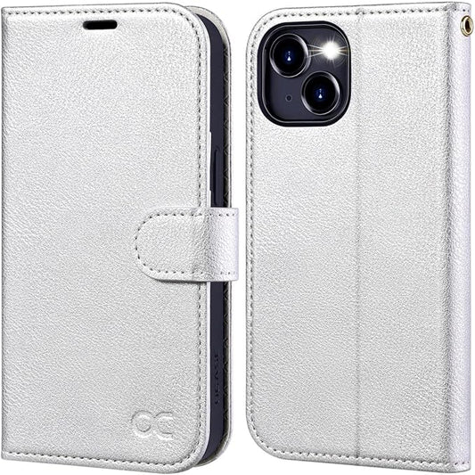 OCASE Compatible with iPhone 15 Wallet Case, PU Leather Flip Folio Case with Card Holders RFID Blocking Kickstand [Shockproof TPU Inner Shell] Phone Cover 6.1 Inch 2023,Silvery