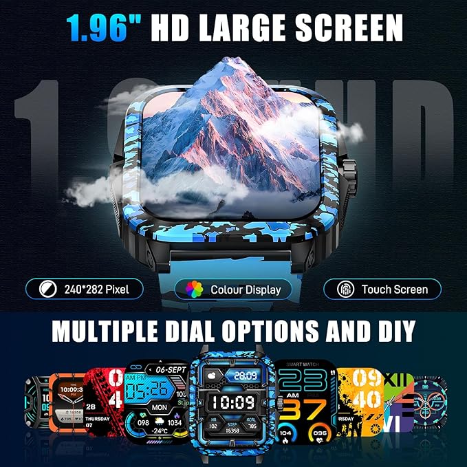 Military Smart Watches for Men (Make/Answer Call) 1.96" Screen Outdoor Activity Tracker with 100+ Sport Modes Health Monitor 3ATM Waterproof Smartwatch