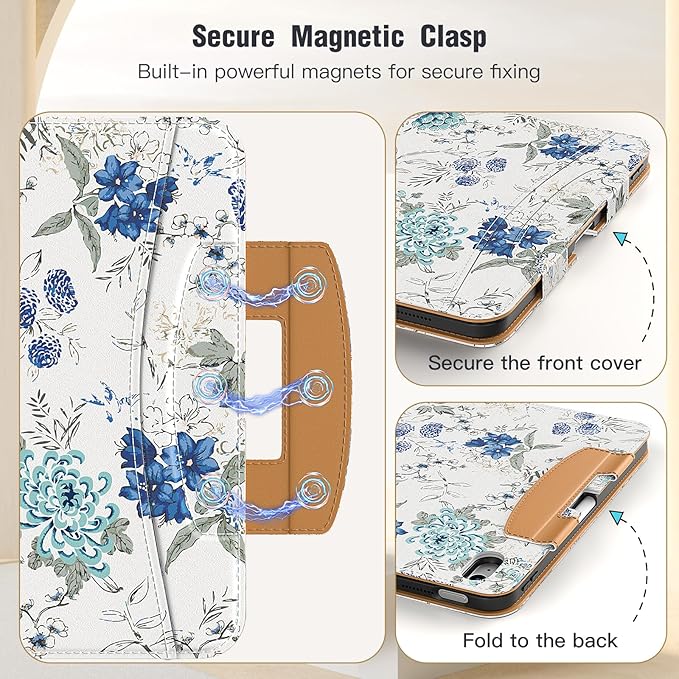 MoKo for iPad (A16) 11th Generation Case 11 inch 2025, iPad 10th Generation Case 10.9" 2022 with Pencil Holder & Pocket, Premium Leather Folio Stand Cover, Multiple Viewing Angles, White Blue Floral