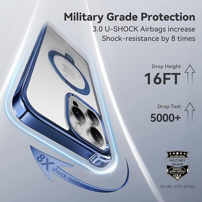 CASEKOO Titanium 360° Rotatable Magnetic Stand for iPhone 16 Pro Max Case [Compatible with Magsafe][16FT Military Protection] Transparent Slim Polished Phone 16 ProMax Case with Stand Ring 6.9'', Blue