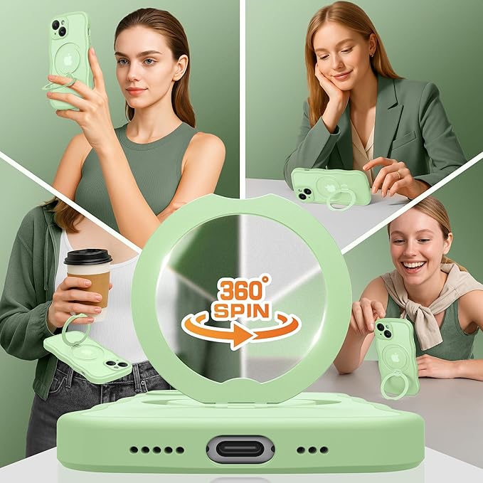 GolbinBox for iPhone 15 Case for Women,[Compatible with Magsafe][360° Spin Magnetic Stand][Cute Wave Edge][Military-Grade Protection] Translucent Matte Phone Case for iPhone 15, Mint Green