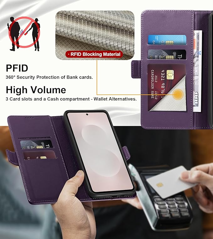 Wallet Flip Case for Samsung Galaxy S25 Edge 5G - [RFID Blocking] Luxury PU Leather Card Holder Magnetic Phone Cover with Kickstand,Shockproof Protective Case,Purple